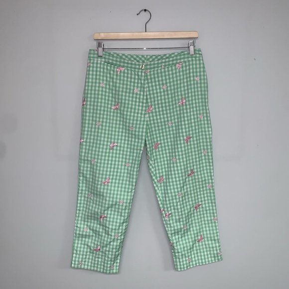 Lilly Pulitzer Vintage Gingham Hi-Rise Crop Pants Green White Butterfly Size 8 P - Picture 2 of 8